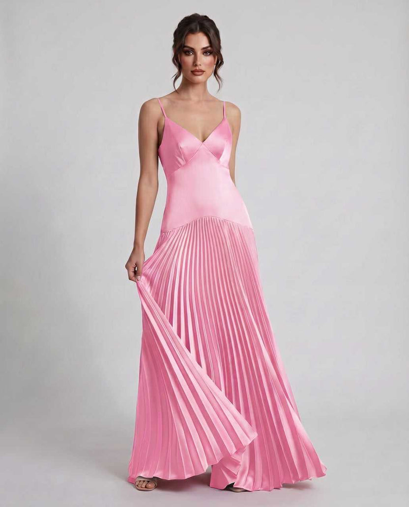 Veloura Maxi Dress by Lauven — blush satin spaghetti strap V-neck A-line maxi dress