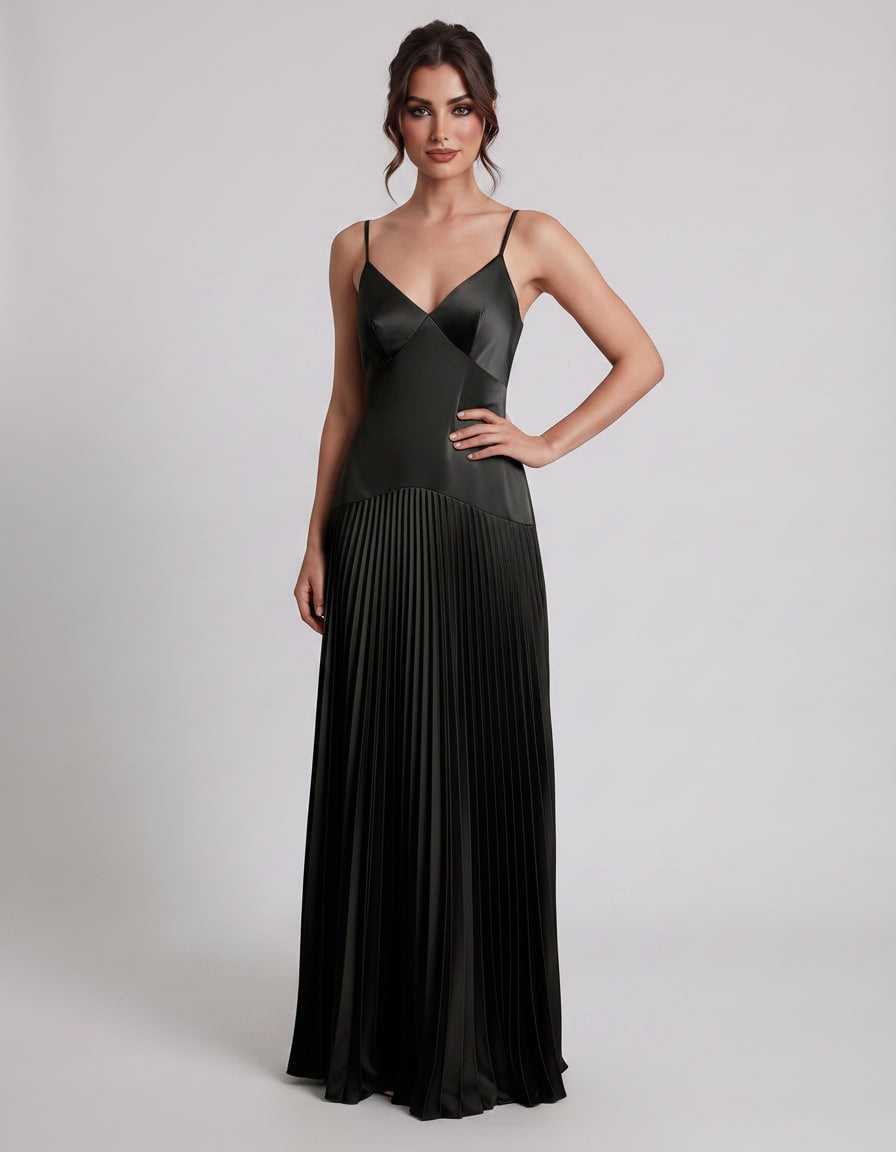 Veloura Maxi Dress by Lauven — satin spaghetti strap V-neck A-line maxi dress