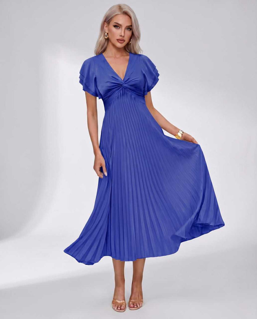 Veloura Midi Dress by Lauven — blue pleated chiffon flutter sleeve V-neck A-line midi dress