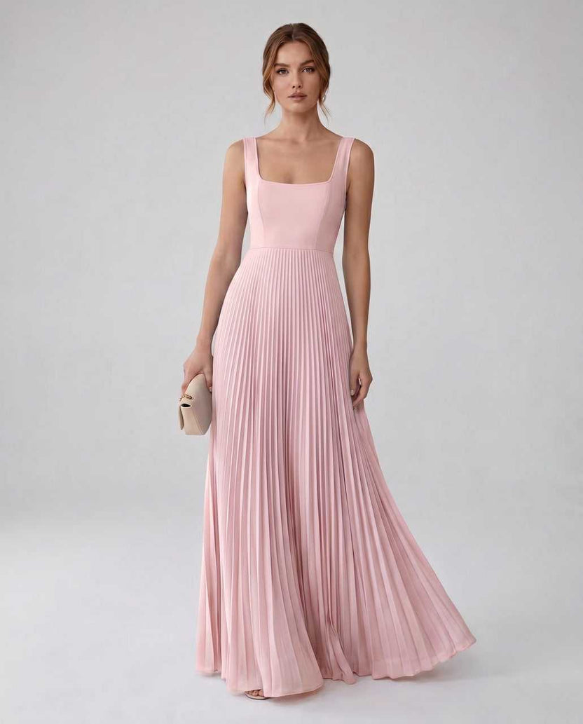 Veloura Maxi Dress by Lauven — blush satin chiffon sleeveless square neck pleated A-line maxi dress