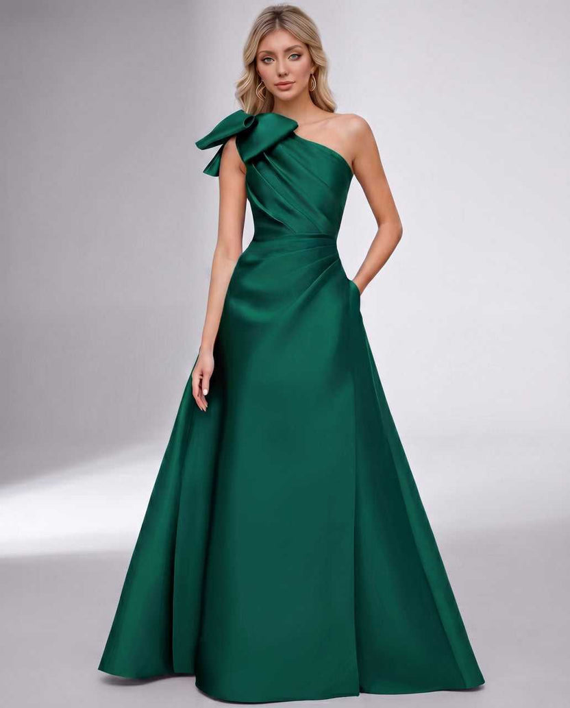 Celestia Maxi Dress by Lauven — green satin one shoulder A-line maxi dress with bow