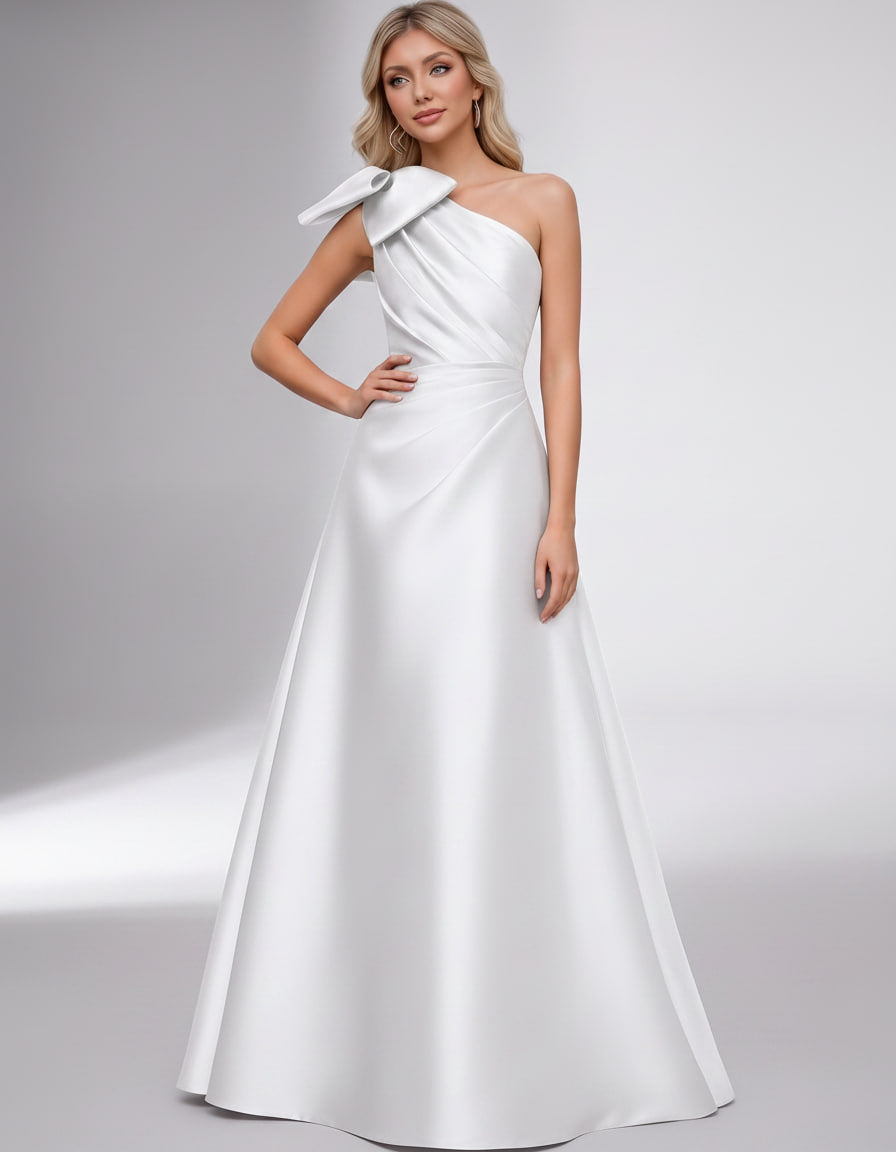 Celestia Maxi Dress by Lauven — satin one shoulder A-line maxi dress with bow