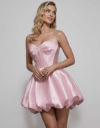 Veloura Mini Dress by Lauven — satin strapless sweetheart A-line mini dress