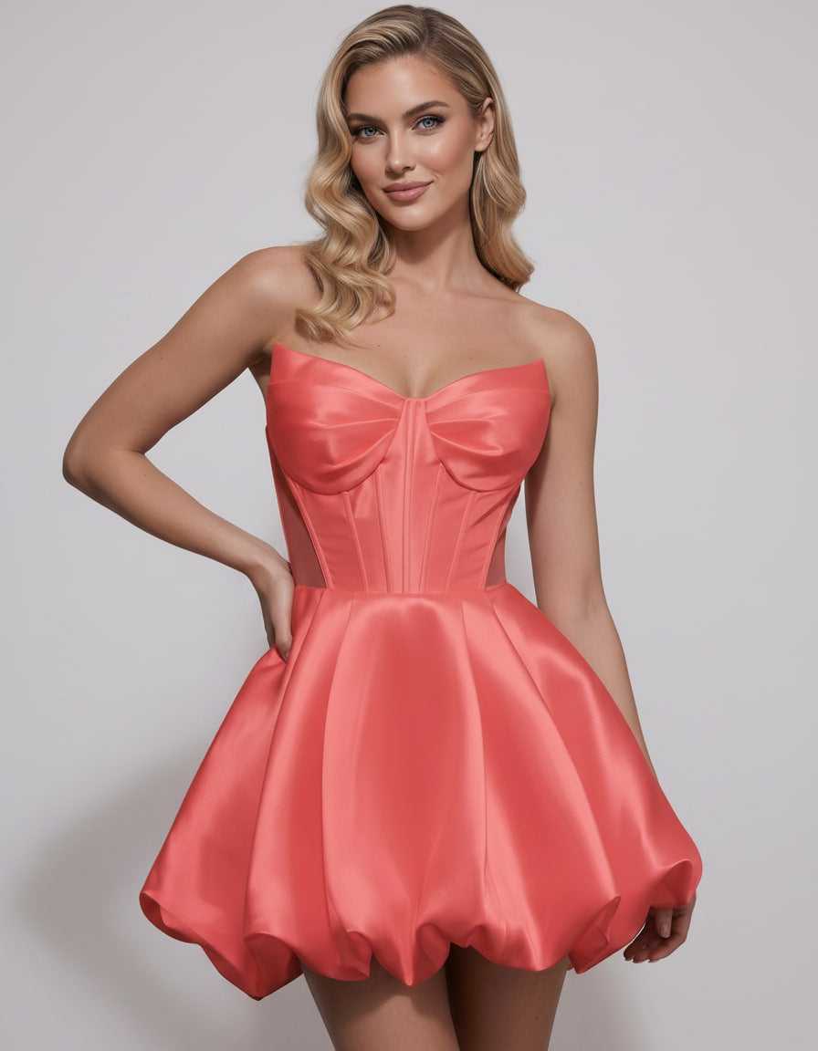 Veloura Mini Dress by Lauven — satin strapless sweetheart A-line mini dress