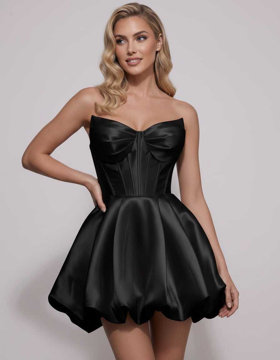Veloura Mini Dress by Lauven — satin strapless sweetheart A-line mini dress