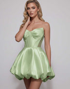 Veloura Mini Dress by Lauven — satin strapless sweetheart A-line mini dress