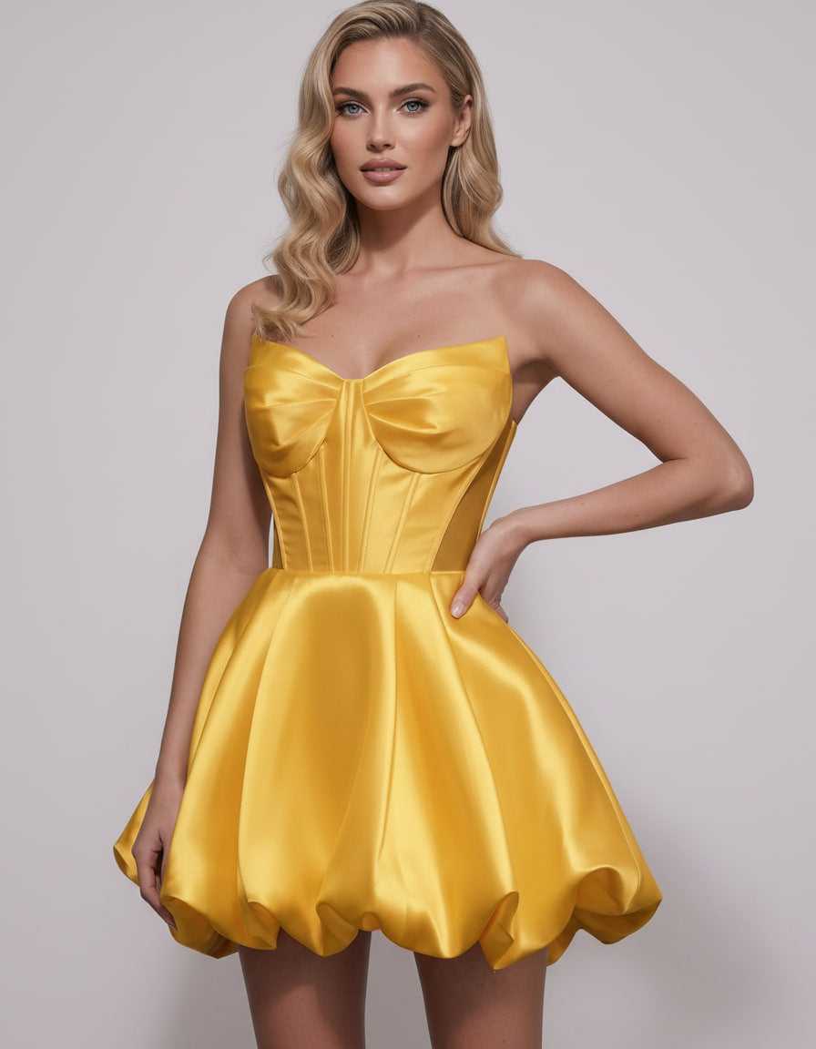 Veloura Mini Dress by Lauven — satin strapless sweetheart A-line mini dress