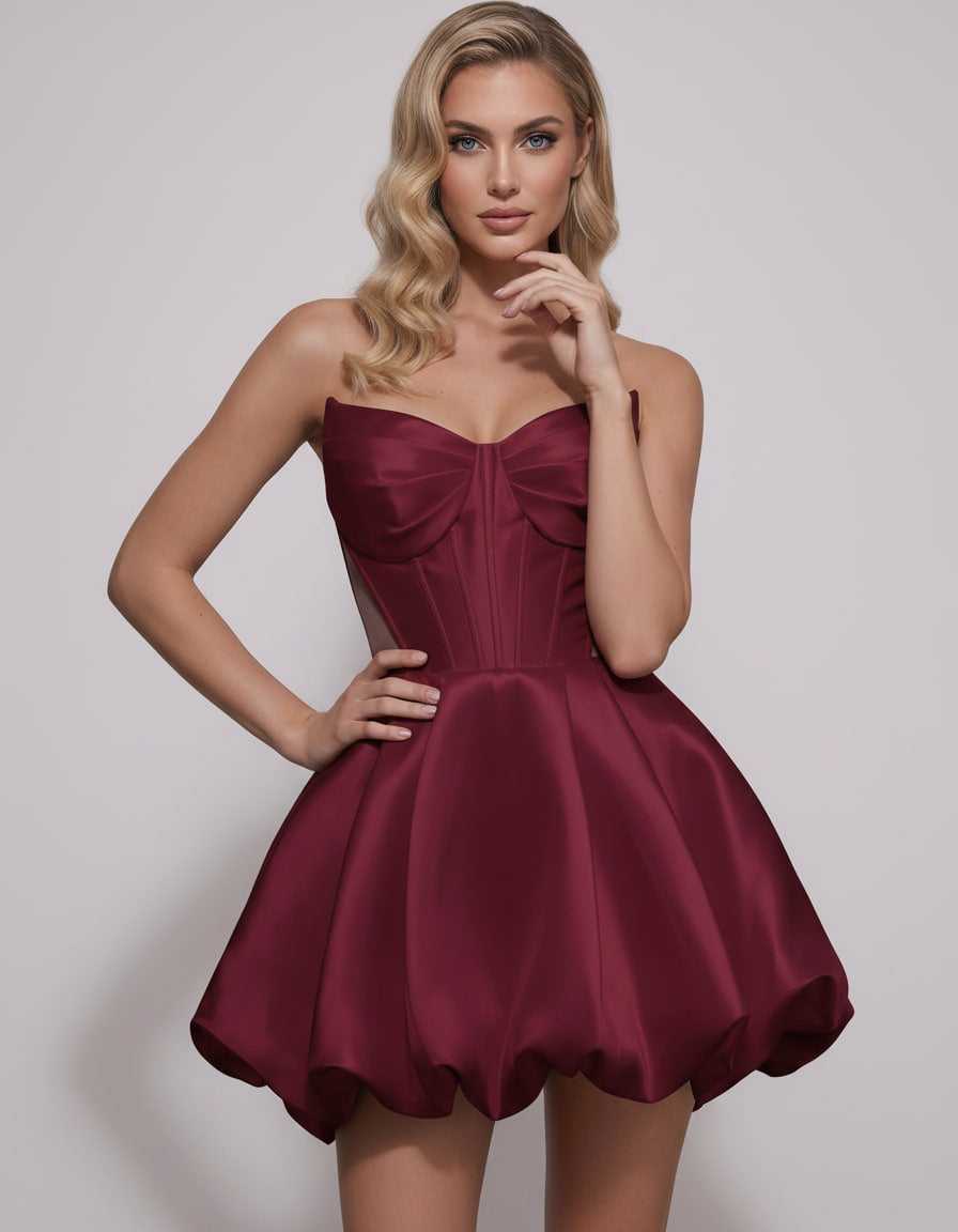 Veloura Mini Dress by Lauven — satin strapless sweetheart A-line mini dress