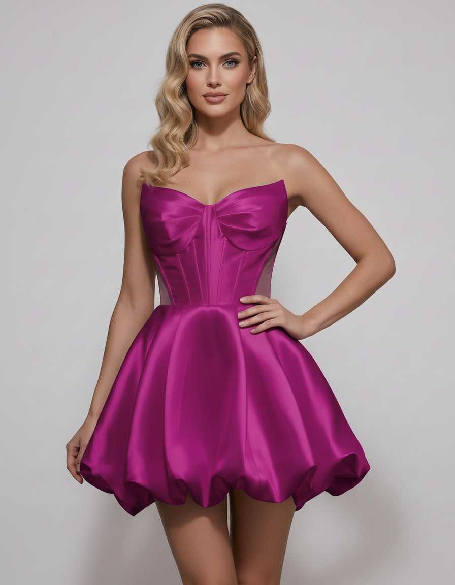 Veloura Mini Dress by Lauven — satin strapless sweetheart A-line mini dress