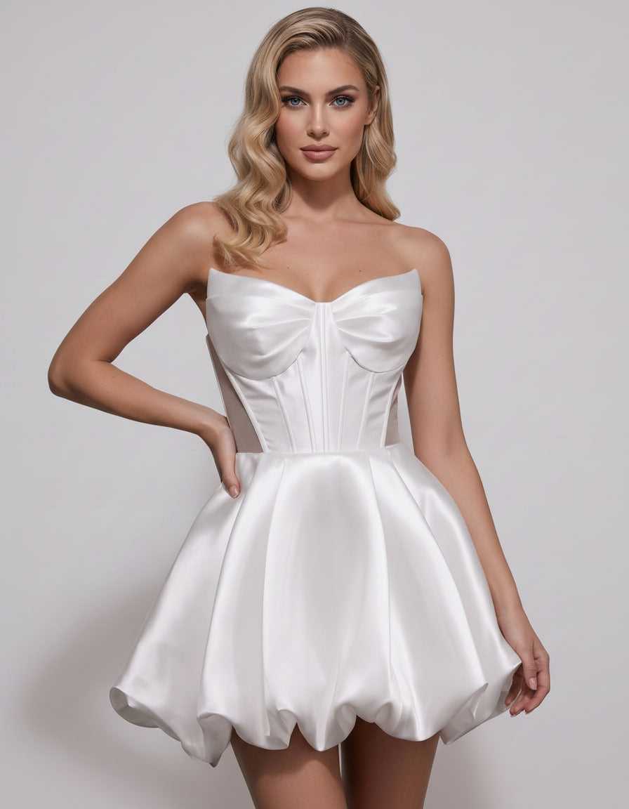 Veloura Mini Dress by Lauven — satin strapless sweetheart A-line mini dress