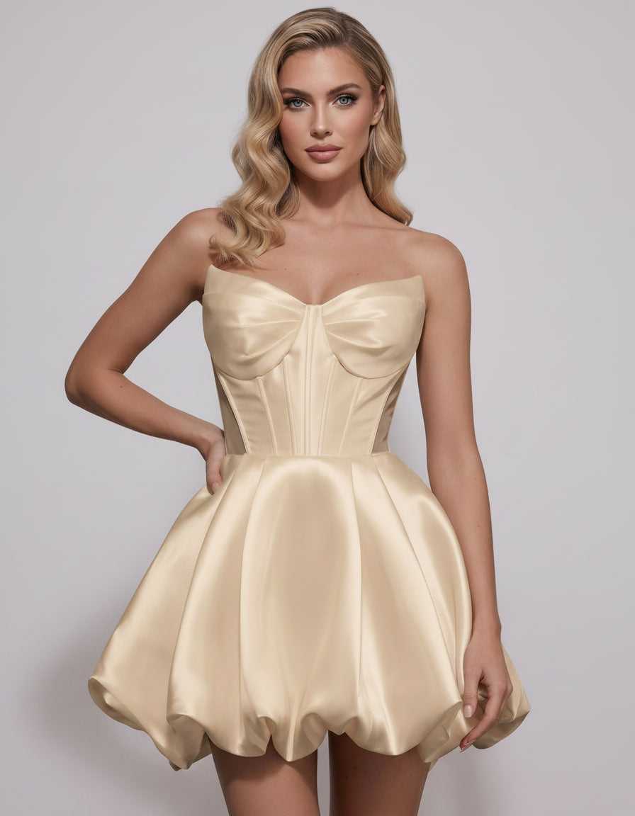 Veloura Mini Dress by Lauven — satin strapless sweetheart A-line mini dress