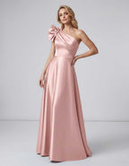 Aurevina Maxi Dress by Lauven — satin one shoulder A-line maxi dress with ruffle detail