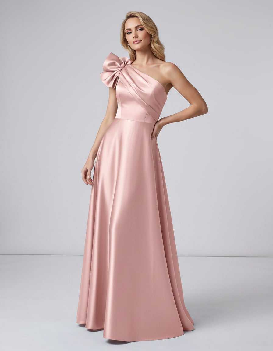 Aurevina Maxi Dress by Lauven — satin one shoulder A-line maxi dress with ruffle detail
