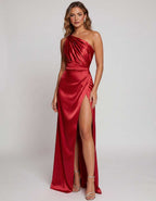 Veloura Maxi Dress by Lauven — satin one-shoulder mermaid maxi dress with slit