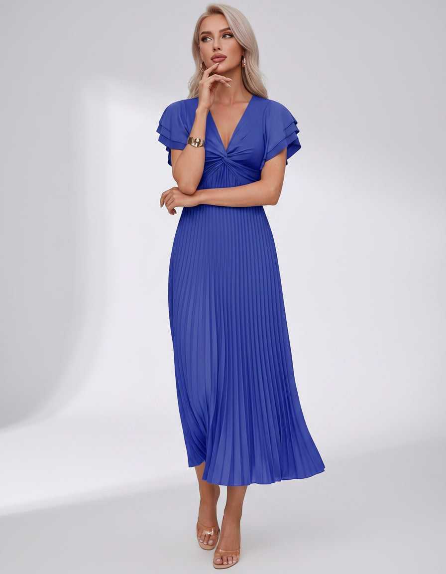 Veloura Midi Dress by Lauven — pleated chiffon flutter sleeve V-neck A-line midi dress