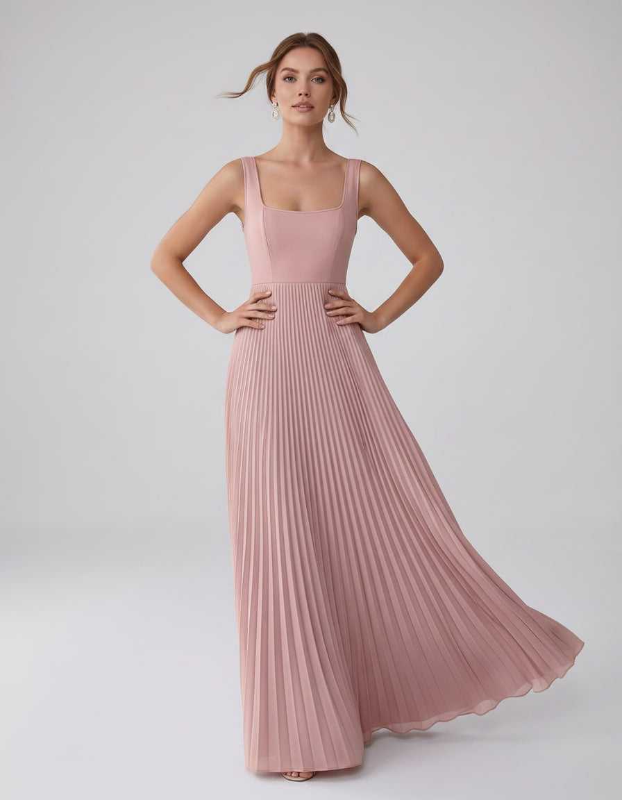 Veloura Maxi Dress by Lauven — satin chiffon sleeveless square neck pleated A-line maxi dress