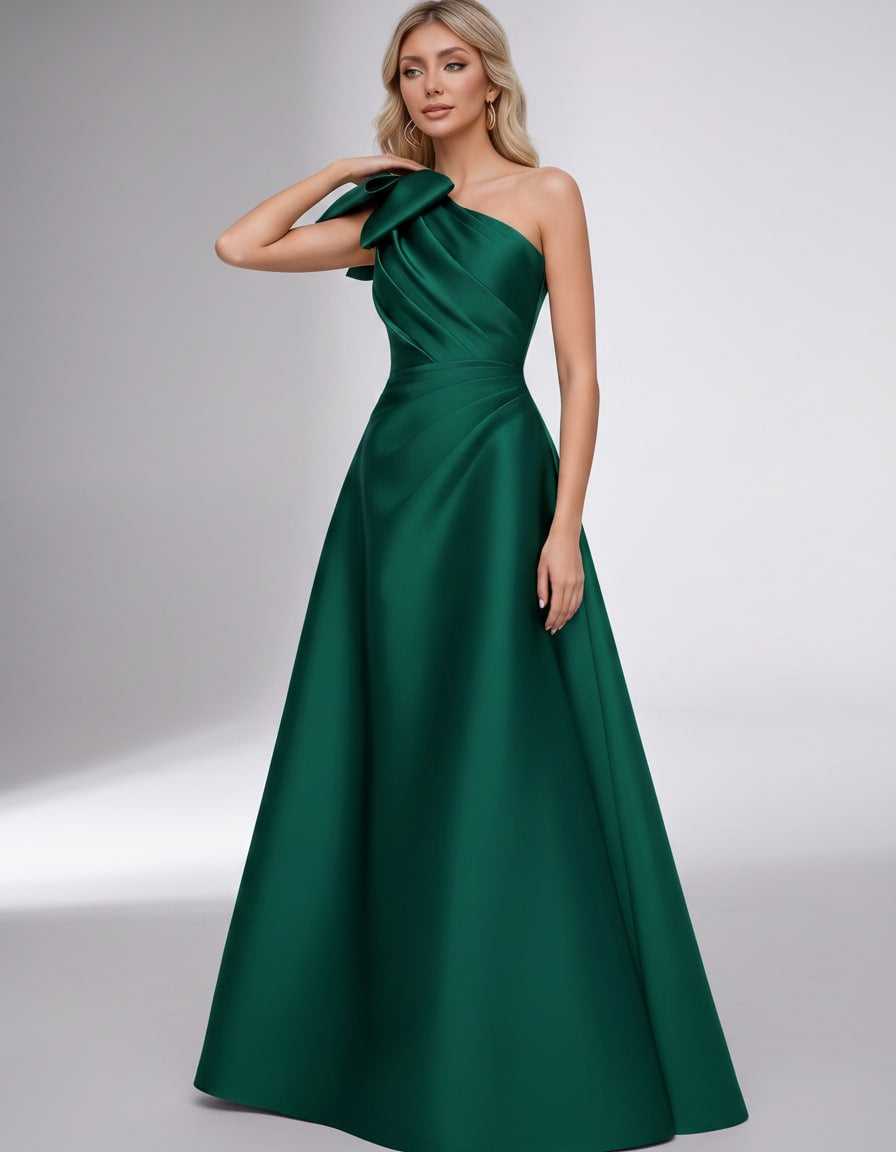Celestia Maxi Dress by Lauven — satin one shoulder A-line maxi dress with bow