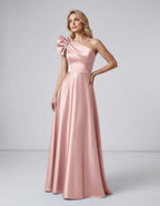 Aurevina Maxi Dress by Lauven — satin one shoulder A-line maxi dress with ruffle detail