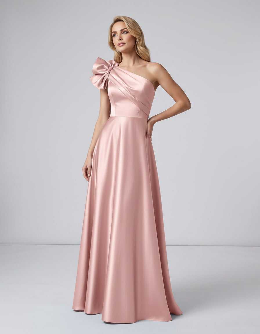 Aurevina Maxi Dress by Lauven — satin one shoulder A-line maxi dress with ruffle detail