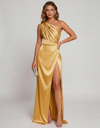Veloura Maxi Dress by Lauven — satin one-shoulder mermaid maxi dress with slit
