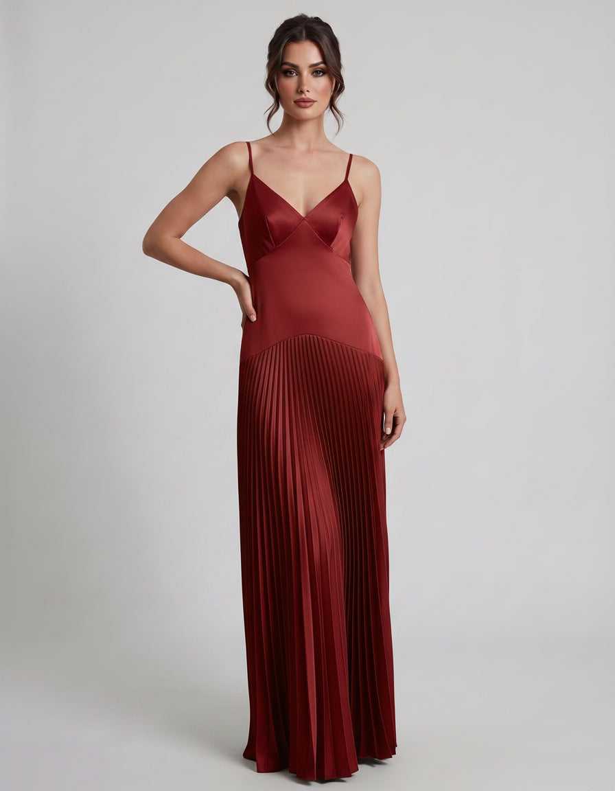 Veloura Maxi Dress by Lauven — satin spaghetti strap V-neck A-line maxi dress
