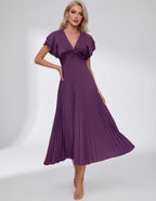 Veloura Midi Dress by Lauven — pleated chiffon flutter sleeve V-neck A-line midi dress