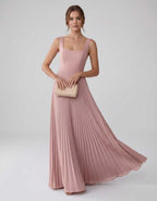 Veloura Maxi Dress by Lauven — satin chiffon sleeveless square neck pleated A-line maxi dress