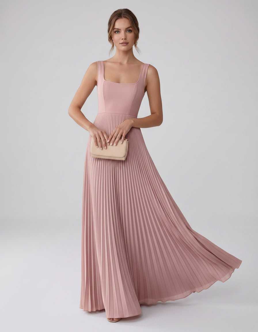 Veloura Maxi Dress by Lauven — satin chiffon sleeveless square neck pleated A-line maxi dress