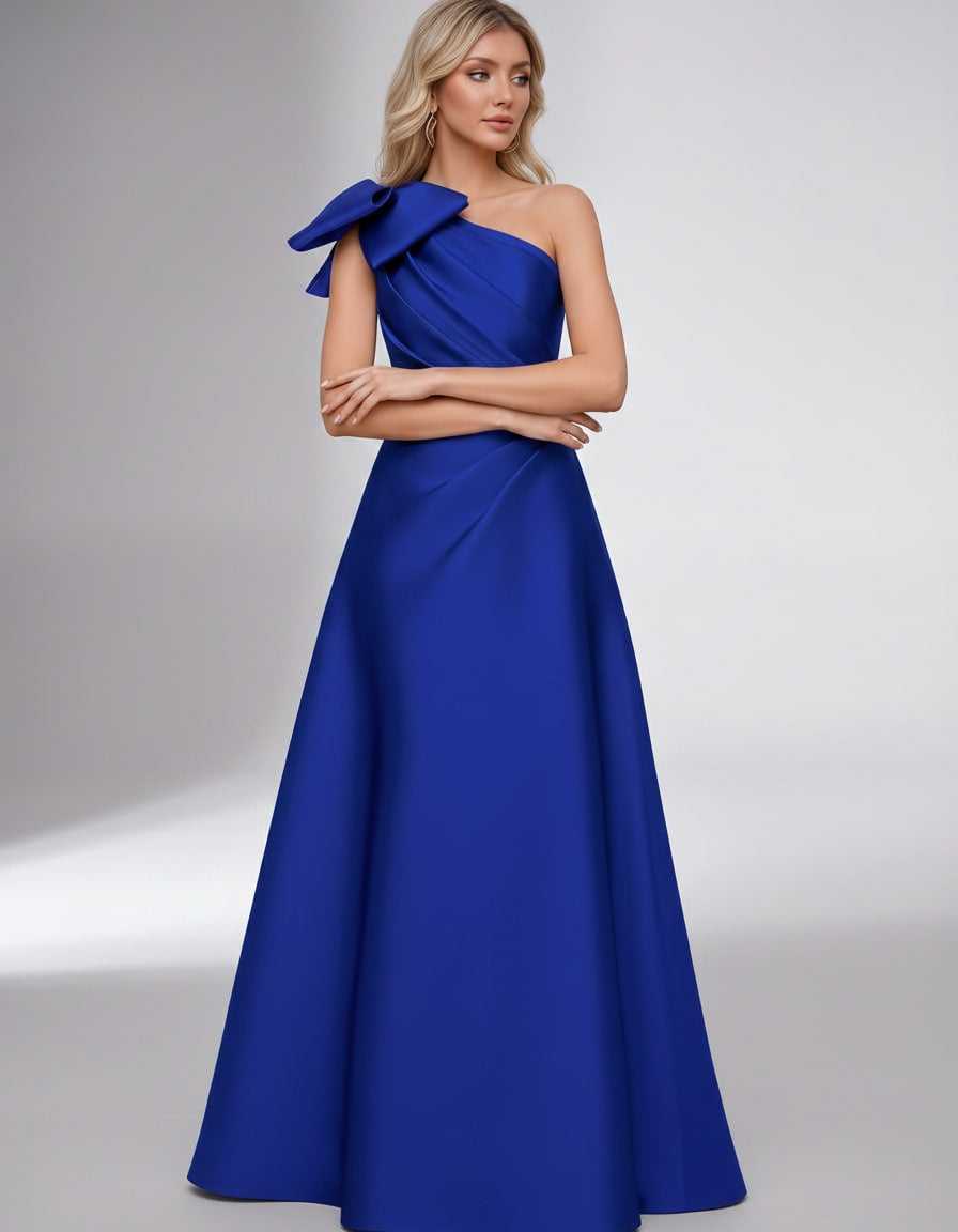 Celestia Maxi Dress by Lauven — satin one shoulder A-line maxi dress with bow