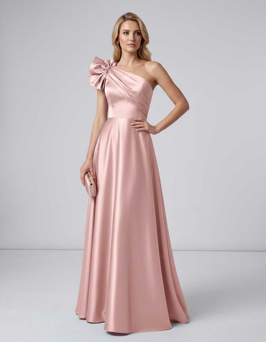 Aurevina Maxi Dress by Lauven — satin one shoulder A-line maxi dress with ruffle detail