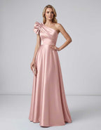 Aurevina Maxi Dress by Lauven — satin one shoulder A-line maxi dress with ruffle detail