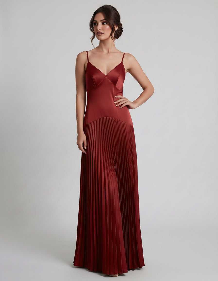 Veloura Maxi Dress by Lauven — satin spaghetti strap V-neck A-line maxi dress