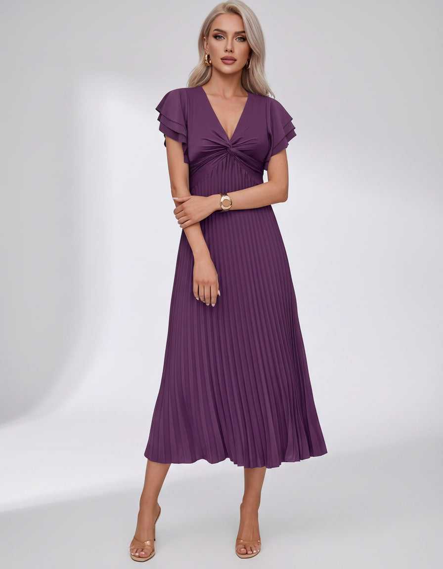 Veloura Midi Dress by Lauven — pleated chiffon flutter sleeve V-neck A-line midi dress