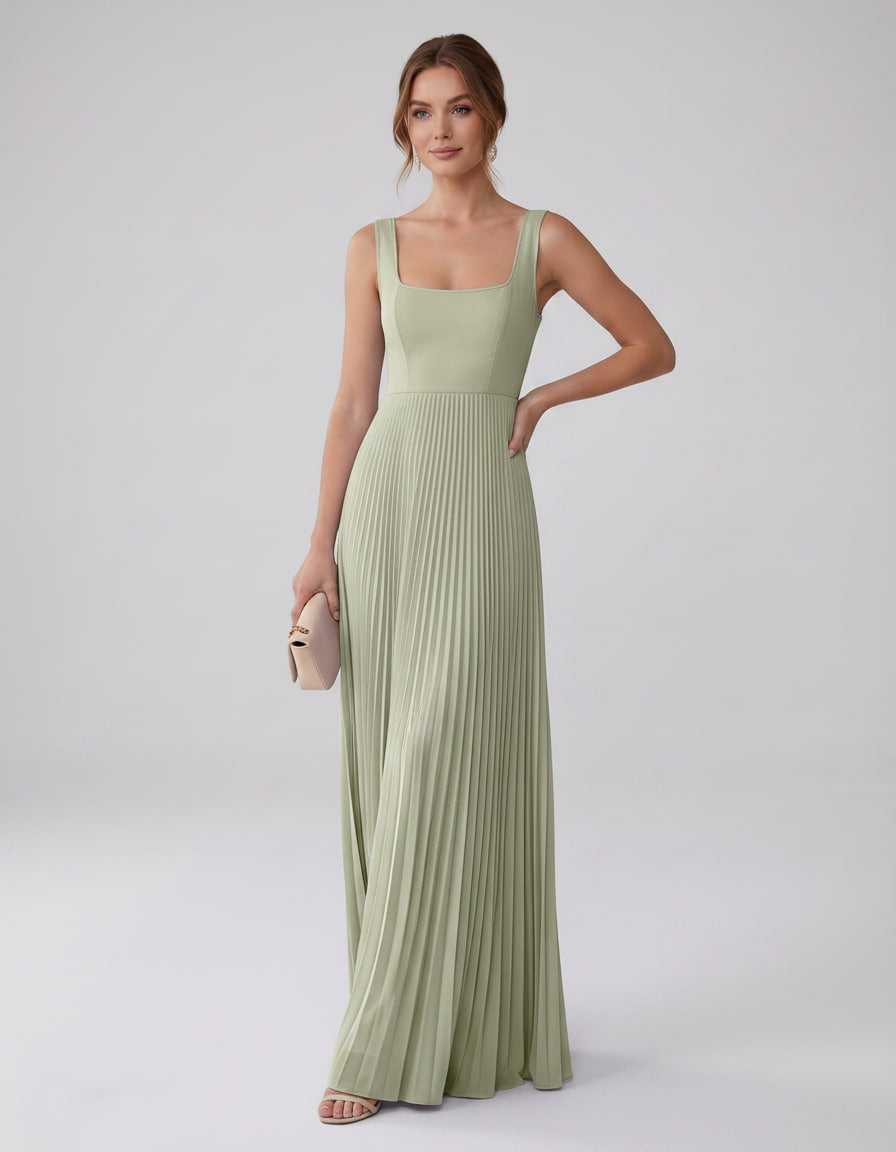 Veloura Maxi Dress by Lauven — satin chiffon sleeveless square neck pleated A-line maxi dress