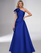 Celestia Maxi Dress by Lauven — satin one shoulder A-line maxi dress with bow
