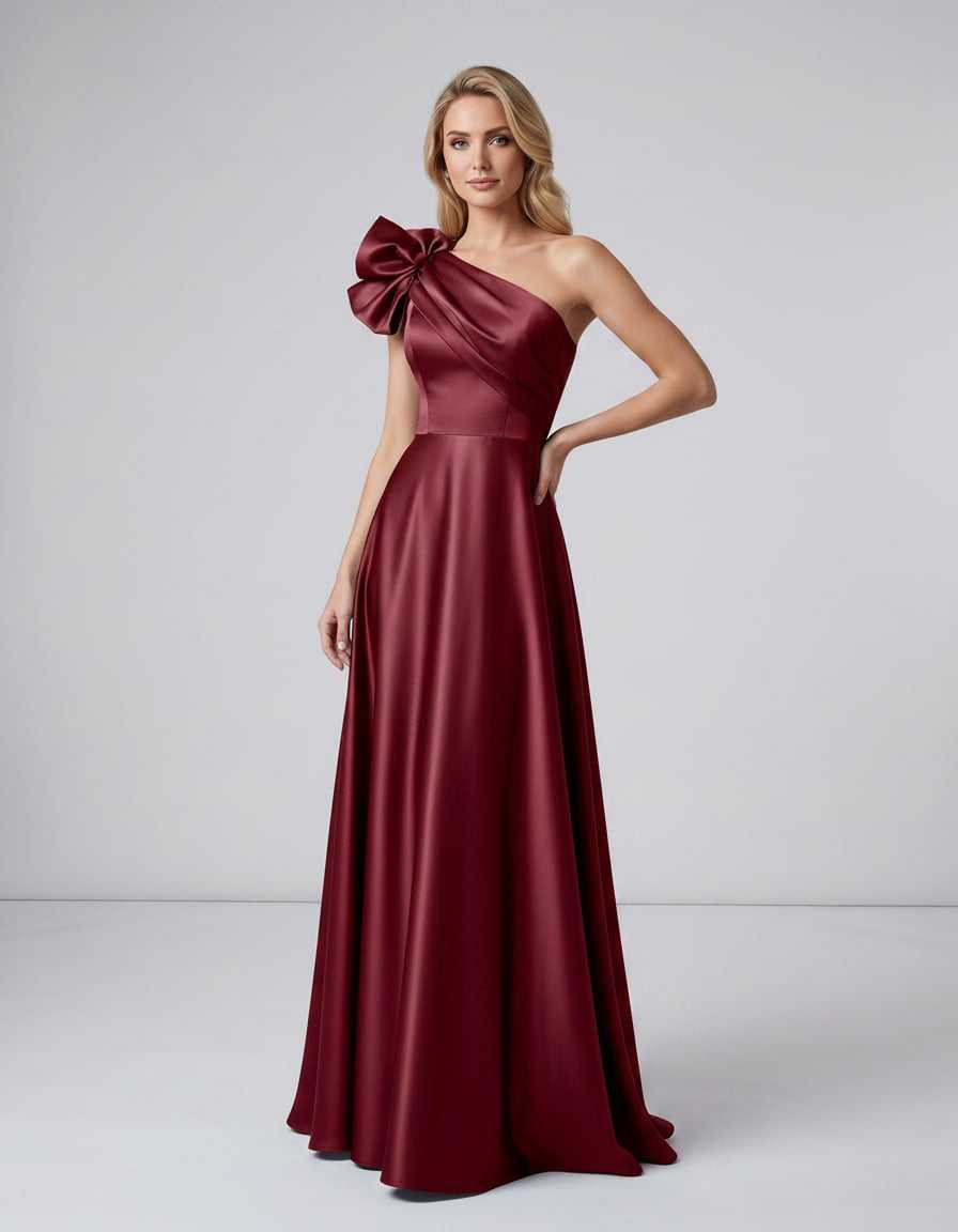 Aurevina Maxi Dress by Lauven — satin one shoulder A-line maxi dress with ruffle detail