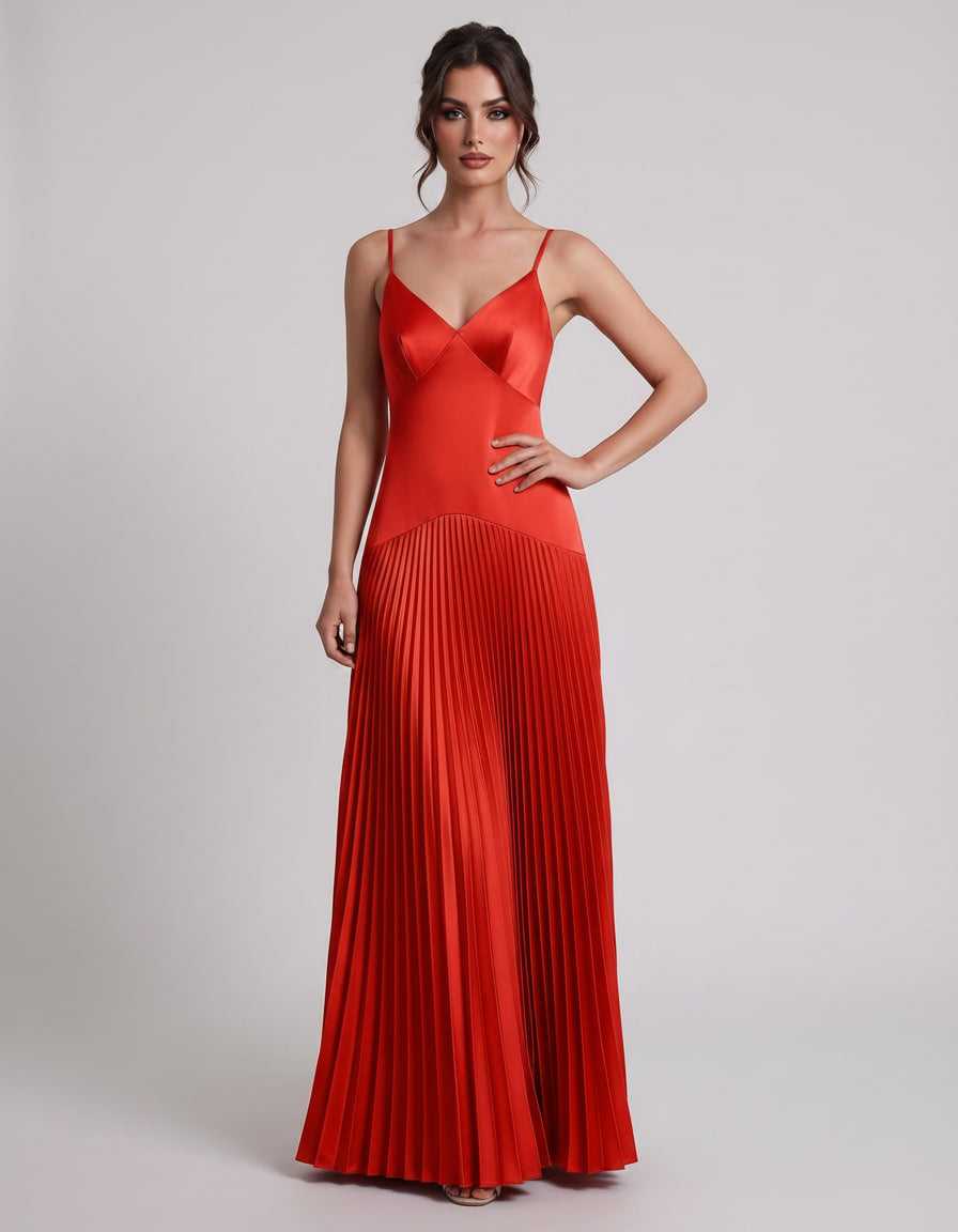 Veloura Maxi Dress by Lauven — satin spaghetti strap V-neck A-line maxi dress