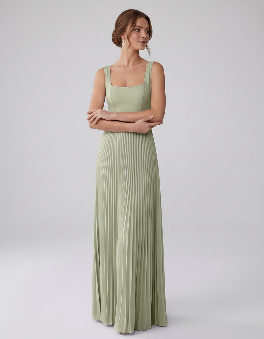 Veloura Maxi Dress by Lauven — satin chiffon sleeveless square neck pleated A-line maxi dress