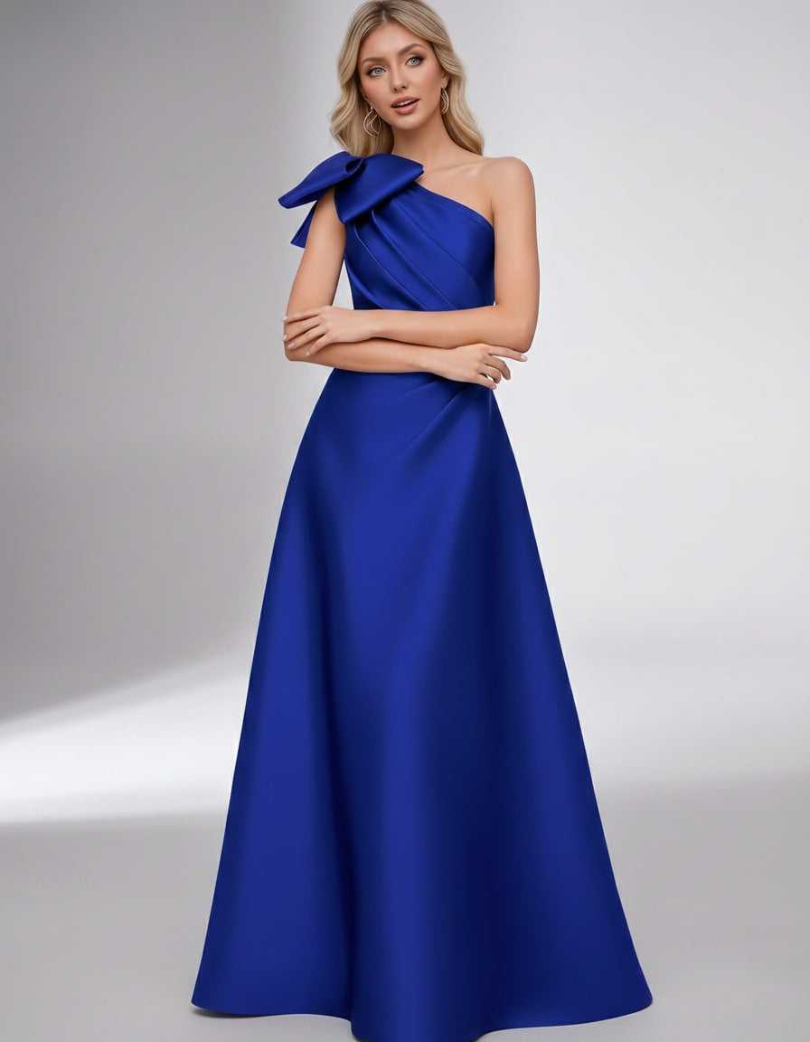 Celestia Maxi Dress by Lauven — satin one shoulder A-line maxi dress with bow