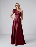 Aurevina Maxi Dress by Lauven — satin one shoulder A-line maxi dress with ruffle detail