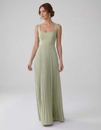 Veloura Maxi Dress by Lauven — satin chiffon sleeveless square neck pleated A-line maxi dress