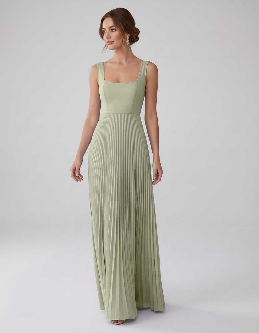 Veloura Maxi Dress by Lauven — satin chiffon sleeveless square neck pleated A-line maxi dress