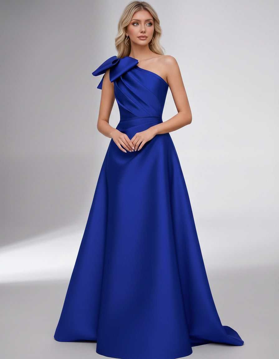Celestia Maxi Dress by Lauven — satin one shoulder A-line maxi dress with bow
