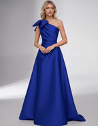 Celestia Maxi Dress by Lauven — satin one shoulder A-line maxi dress with bow