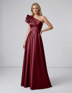 Aurevina Maxi Dress by Lauven — satin one shoulder A-line maxi dress with ruffle detail