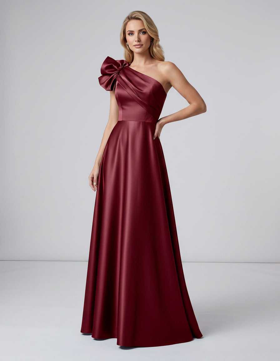 Aurevina Maxi Dress by Lauven — satin one shoulder A-line maxi dress with ruffle detail