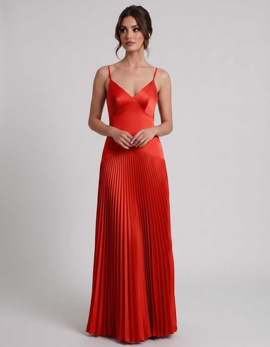 Veloura Maxi Dress by Lauven — satin spaghetti strap V-neck A-line maxi dress