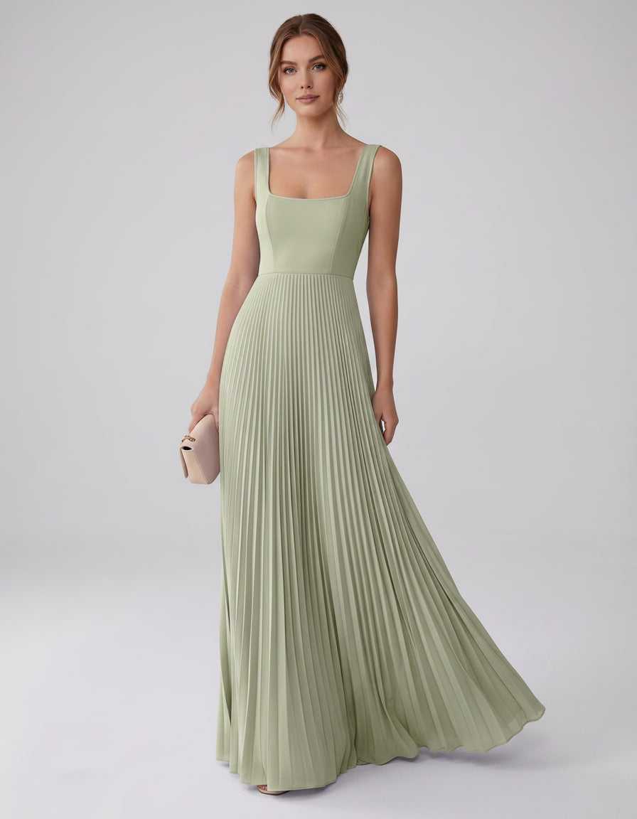 Veloura Maxi Dress by Lauven — satin chiffon sleeveless square neck pleated A-line maxi dress