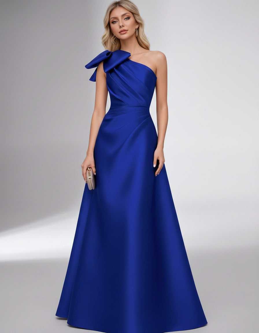 Celestia Maxi Dress by Lauven — satin one shoulder A-line maxi dress with bow