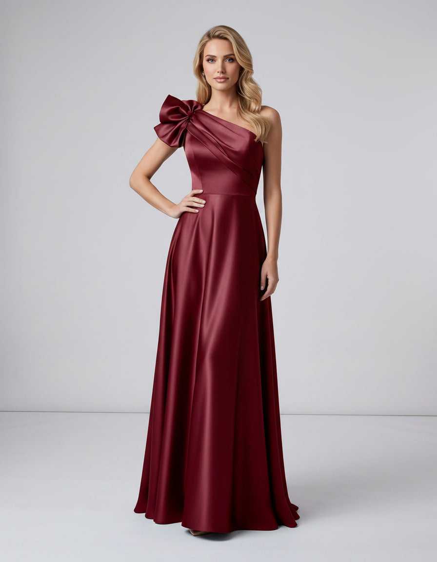 Aurevina Maxi Dress by Lauven — satin one shoulder A-line maxi dress with ruffle detail